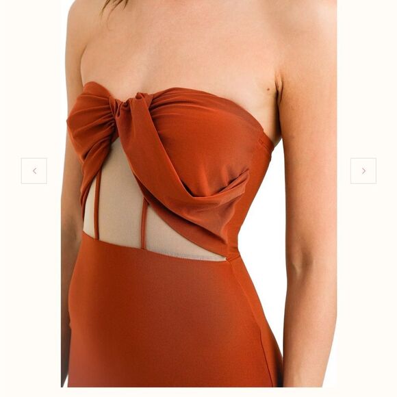 ASOS Tall Drape Twist Front Bandeau Maxi Dress With Invisible Mesh In Rust - Picture 4 of 8